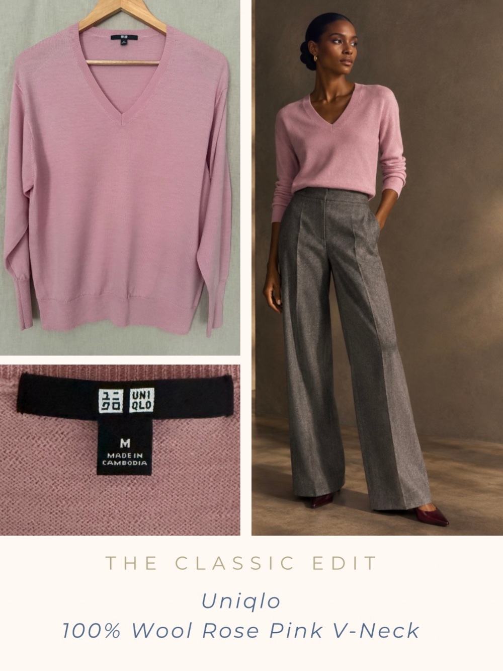 Uniqlo Rose Pink V-Neck Wool Sweater